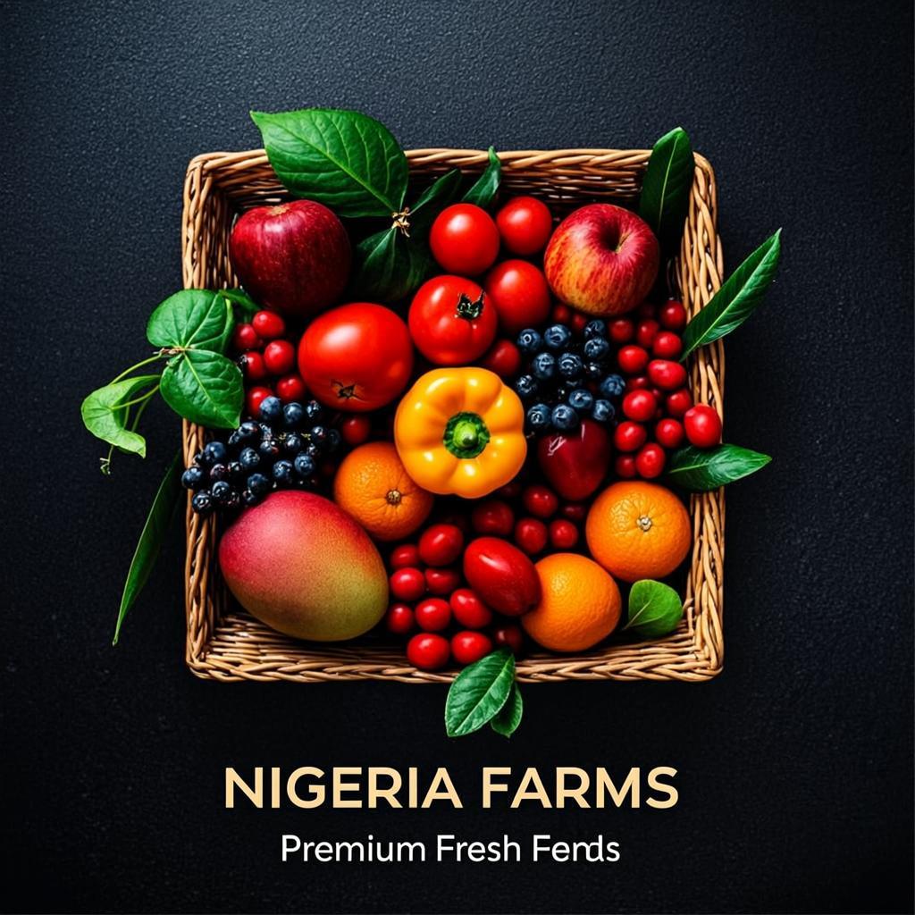 Overhead flat-lay of a premium Nigerian farm-fresh produce basket — apples, mangoes, ugu, tomatoes, bell peppers, berries, grapes